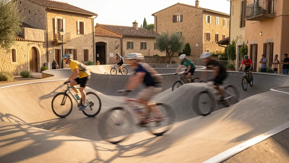 Imatge genèrica d'un circuit de pumptrack amb ciclistes en moviment i arquitectura mediterrània al fons.