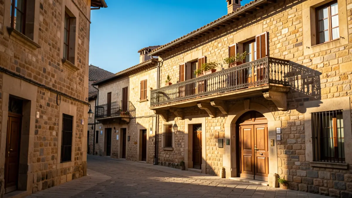 Generic image of a medieval square in Catalunya with stone buildings and an ornate balcony, under warm afternoon light.