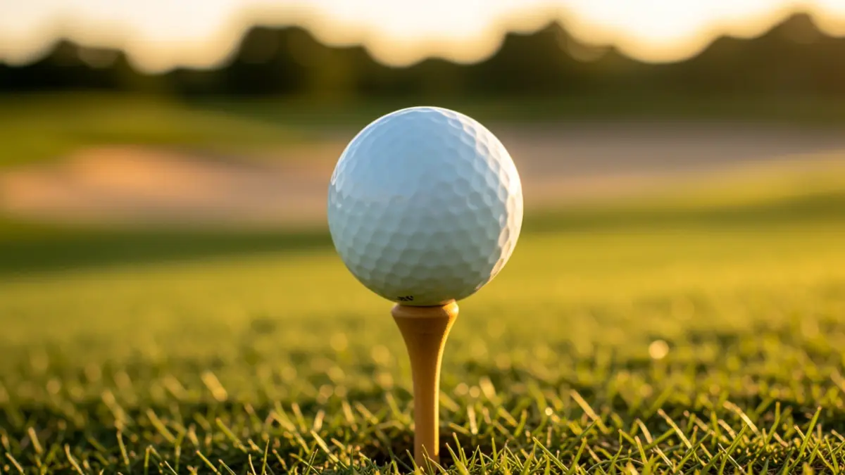 Generic image of a golf ball ready to be struck, with a blurred golf course in the background.