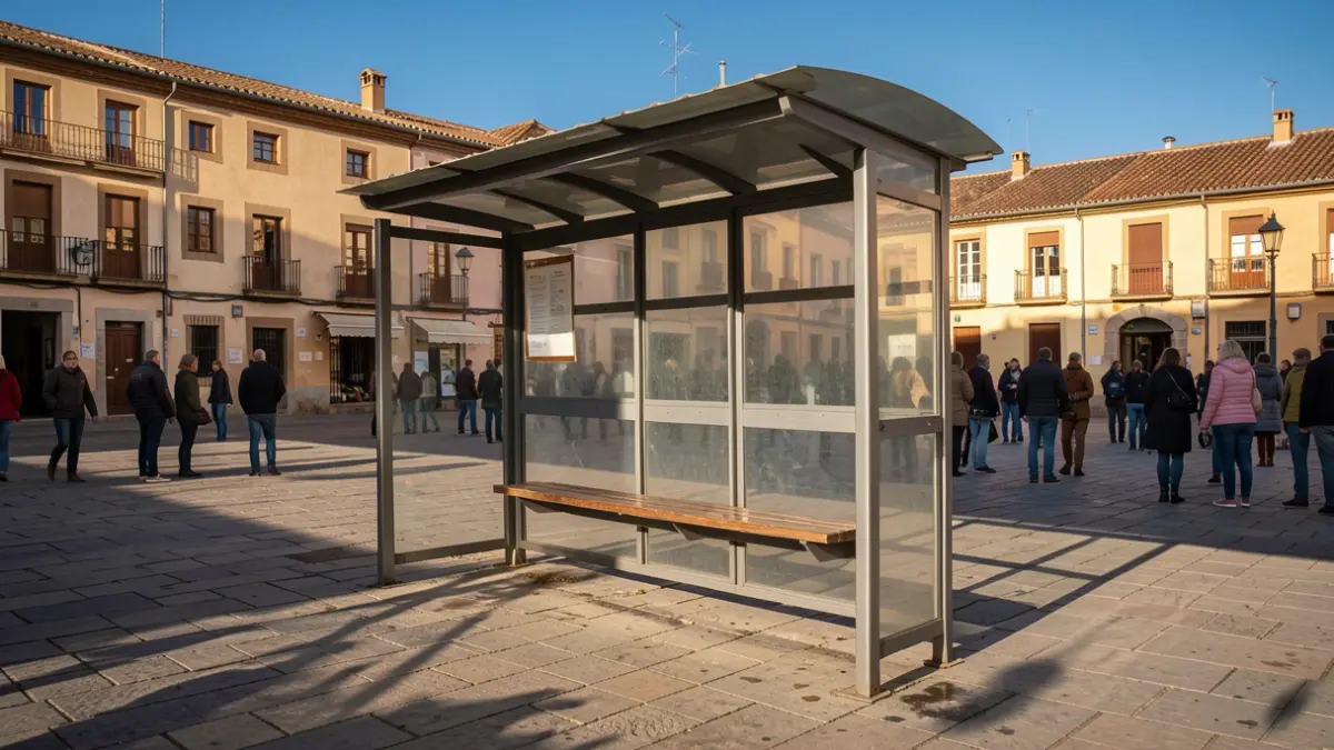 Generic image of an empty bus stop in a Catalunya square.