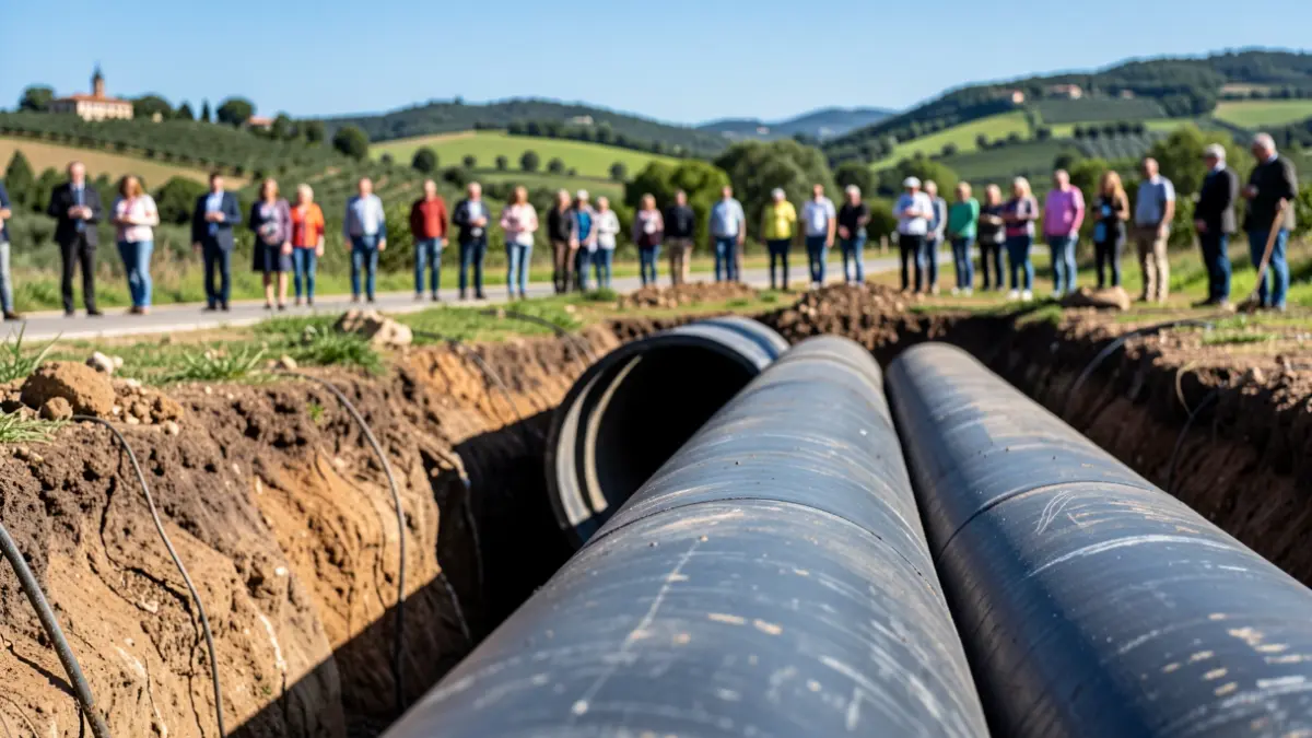 Imagen genérica de tuberías de hierro dúctil en obras en un entorno rural.