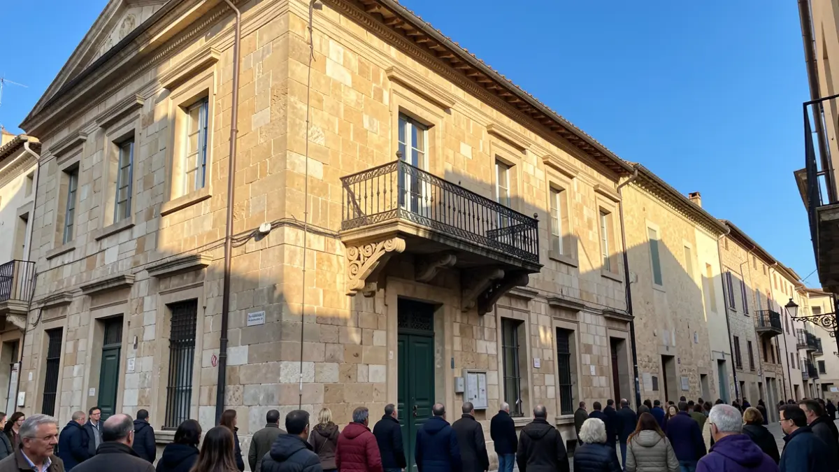 Generic image of a stone town hall facade with a balcony and iron railings, in warm afternoon light under a blue sky.