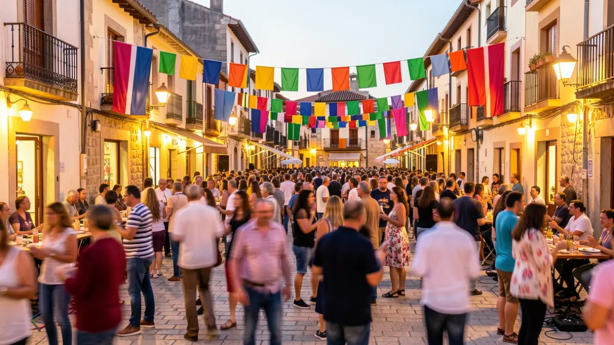 Generic image of a town square filled with people celebrating a local festival with music and lights.