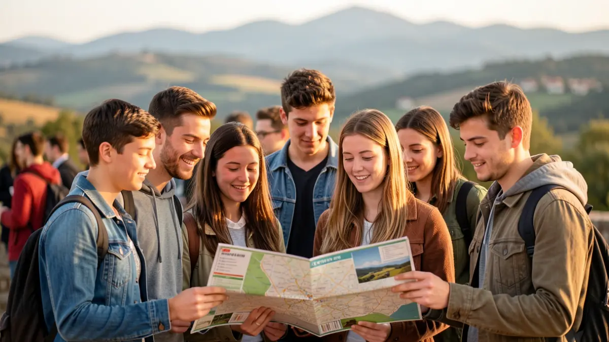 Young students consulting information about mobility grants in Catalonia.