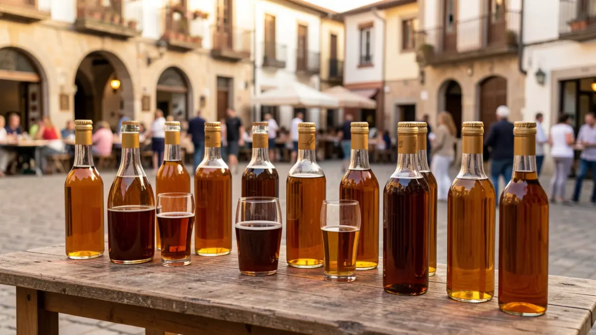 Generic image of various bottles of homemade ratafia on a wooden table.
