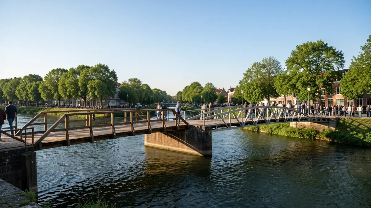 Generic image of two pedestrian bridges crossing a river, connecting two green banks under a blue sky.
