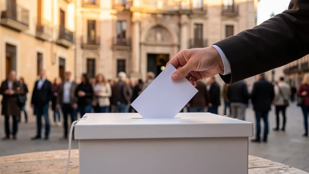 Imatge genèrica d'una urna de votació amb una mà introduint una papereta, amb un fons difuminat d'una façana d'ajuntament català.