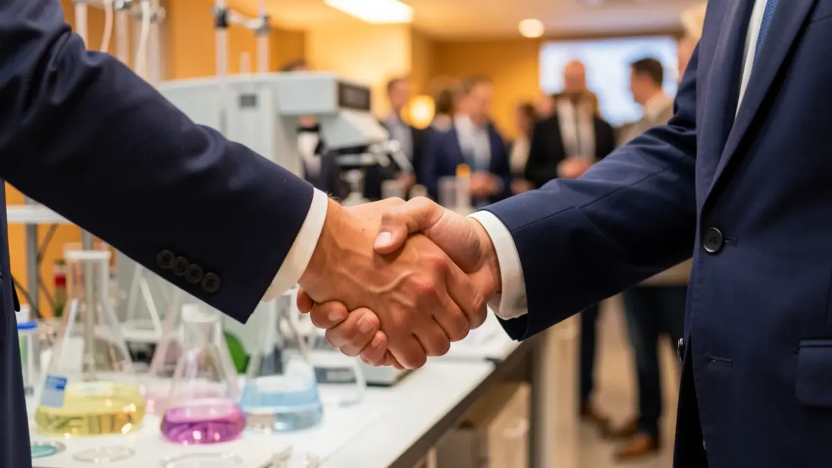 Imatge genèrica d'un encaixada de mans entre dues persones amb vestimenta professional, amb equipament de recerca científica i material de laboratori desenfocat al fons.