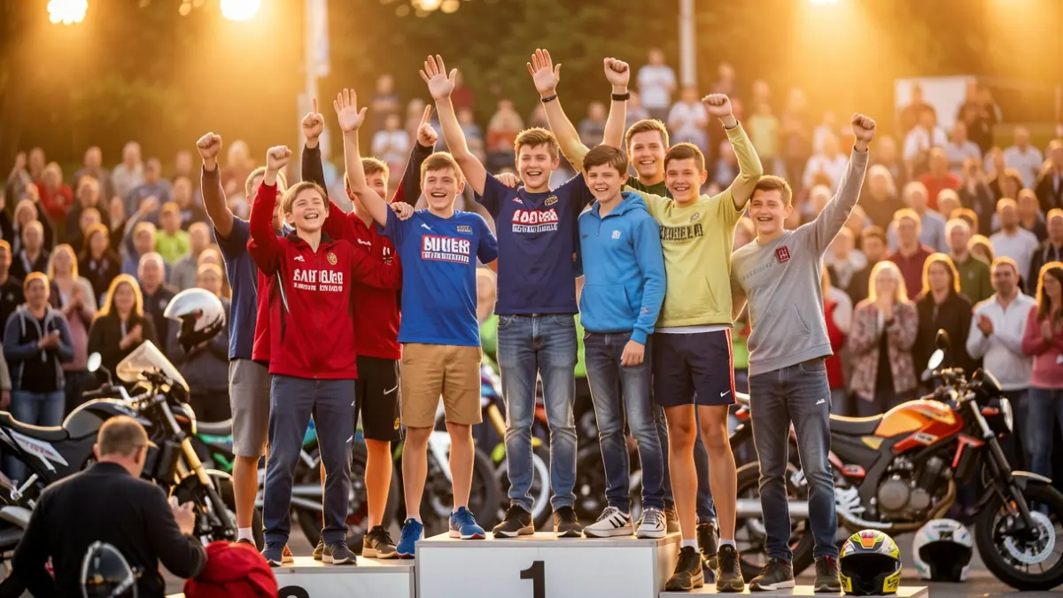 Imatge genèrica de joves esportistes celebrant en un podi, amb equipament esportiu desenfocat al fons.