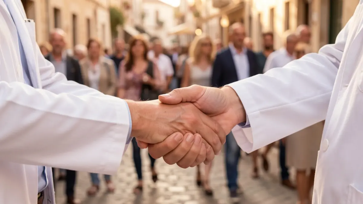 Mans d'un professional sanitari sostenint la mà d'un pacient, simbolitzant cures i acompanyament.