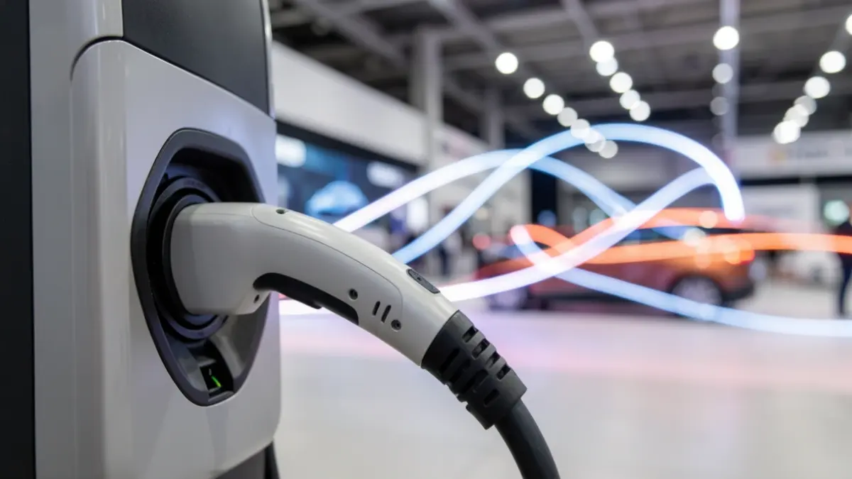 Generic image of an electric vehicle charging cable plugged into a station, with a blurred background of a modern exhibition hall and abstract light trails.