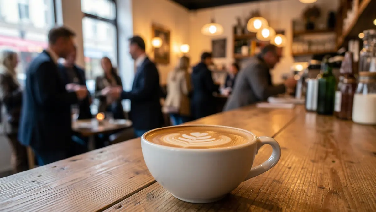 Imatge genèrica d'una tassa de cafè amb escuma artística sobre un taulell de fusta en un interior de cafeteria acollidor.
