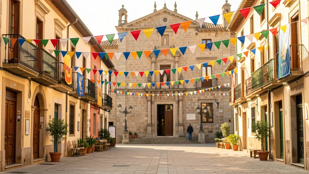 Plaça d'un poble català decorada per una festa major amb pancartes i llums.