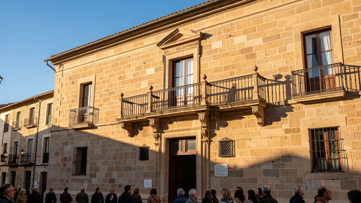 Facade of the Calaf Town Hall with balcony and iron railing, afternoon light.
