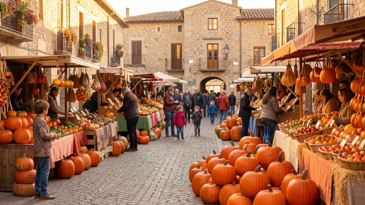 Imatge genèrica d'una fira de tardor a un poble català amb parades de carbasses i activitats familiars.