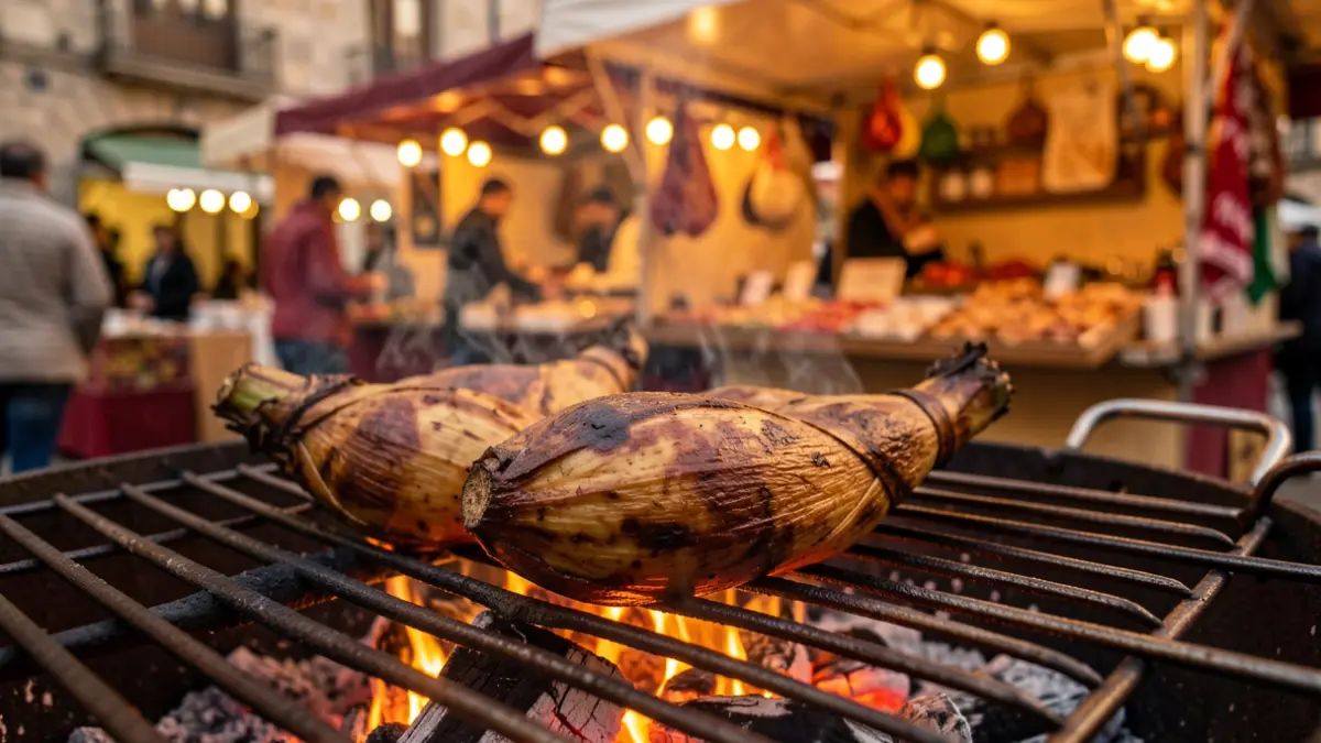 Generic image of a calçot cooking on a grill, with a festive market in the background.