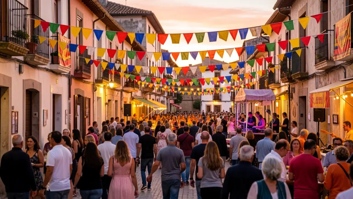 Imatge genèrica d'una festa major a un poble català amb decoracions i gent gaudint.