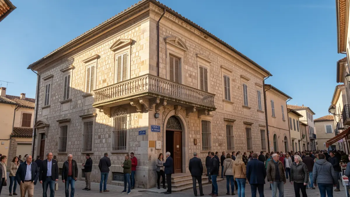 Façana d'un ajuntament de Caldes de Montbui amb balcó.
