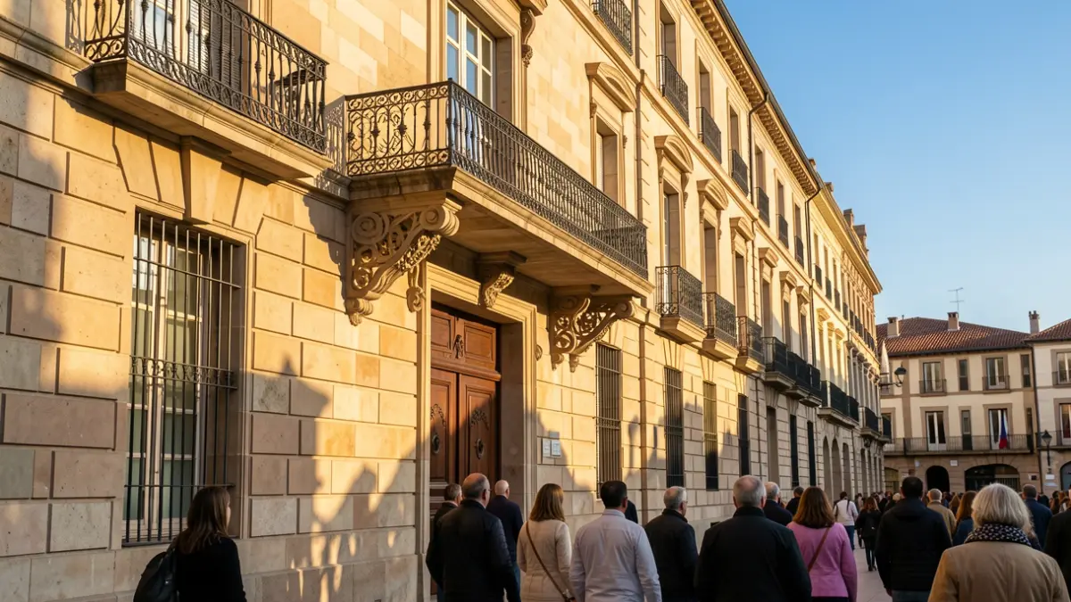 Fachada de l'Ajuntament de Caldes d'Estrac amb balcó i cel blau.