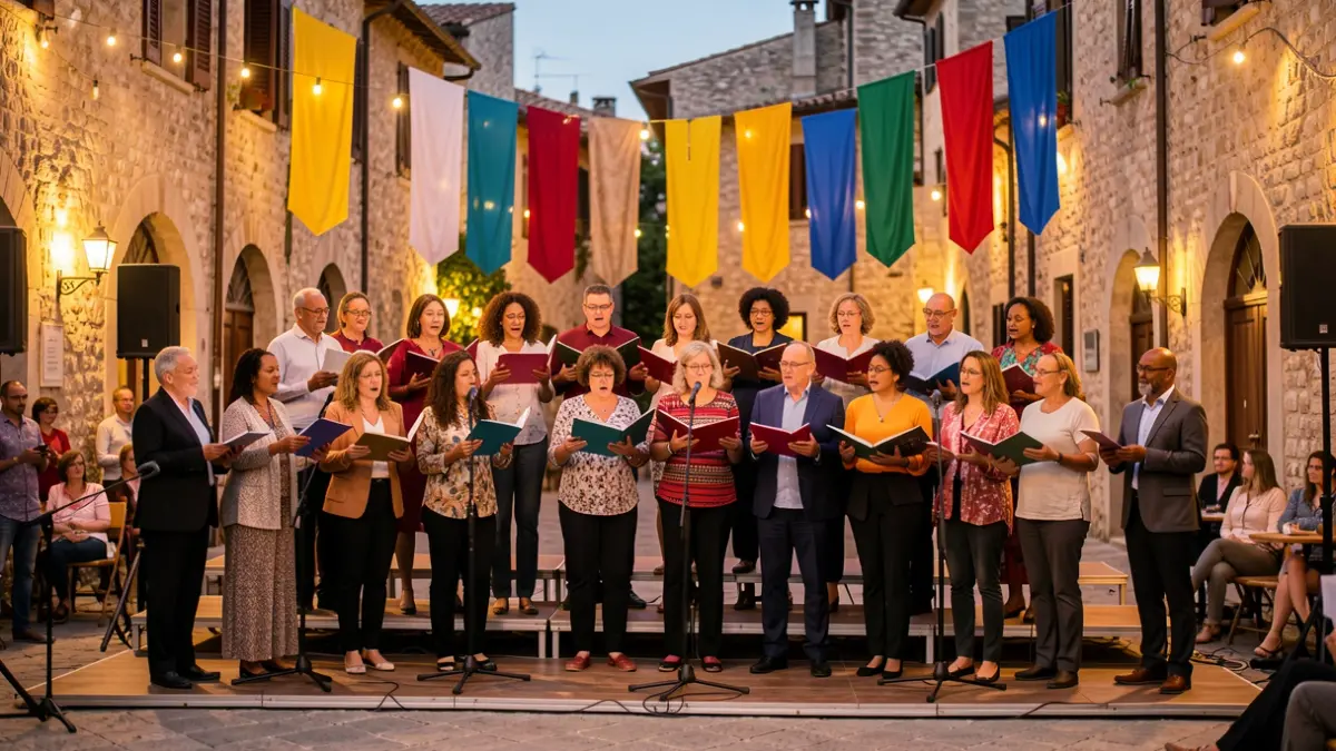 Generic image of choral singers from different nationalities performing in a Mediterranean town square under warm lights.