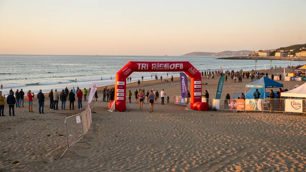 Entrada genèrica a la meta d'un triatló a Calella, Catalunya, amb el mar Mediterrani al fons.