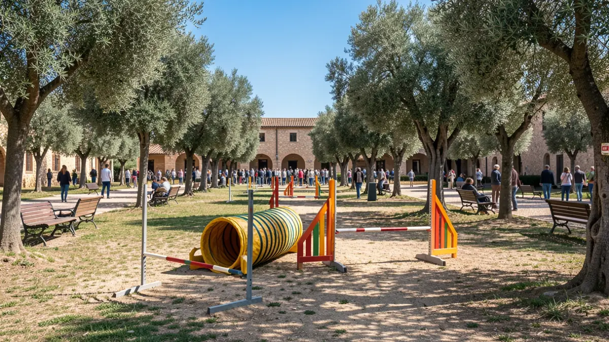 Imatge genèrica d'un circuit d'agility per a gossos en un parc amb bancs i arbres.