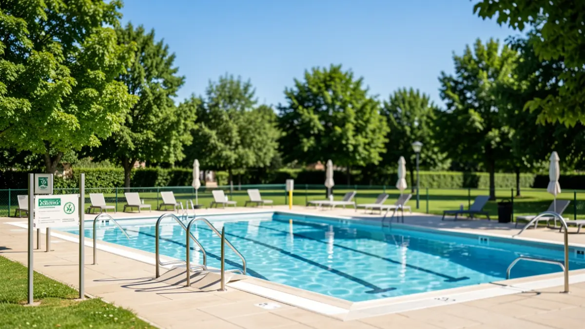 Imatge genèrica d'una instal·lació de piscina municipal amb rampes d'accés i senyalització clara, envoltada d'espais verds i arbres, sota un cel blau brillant.