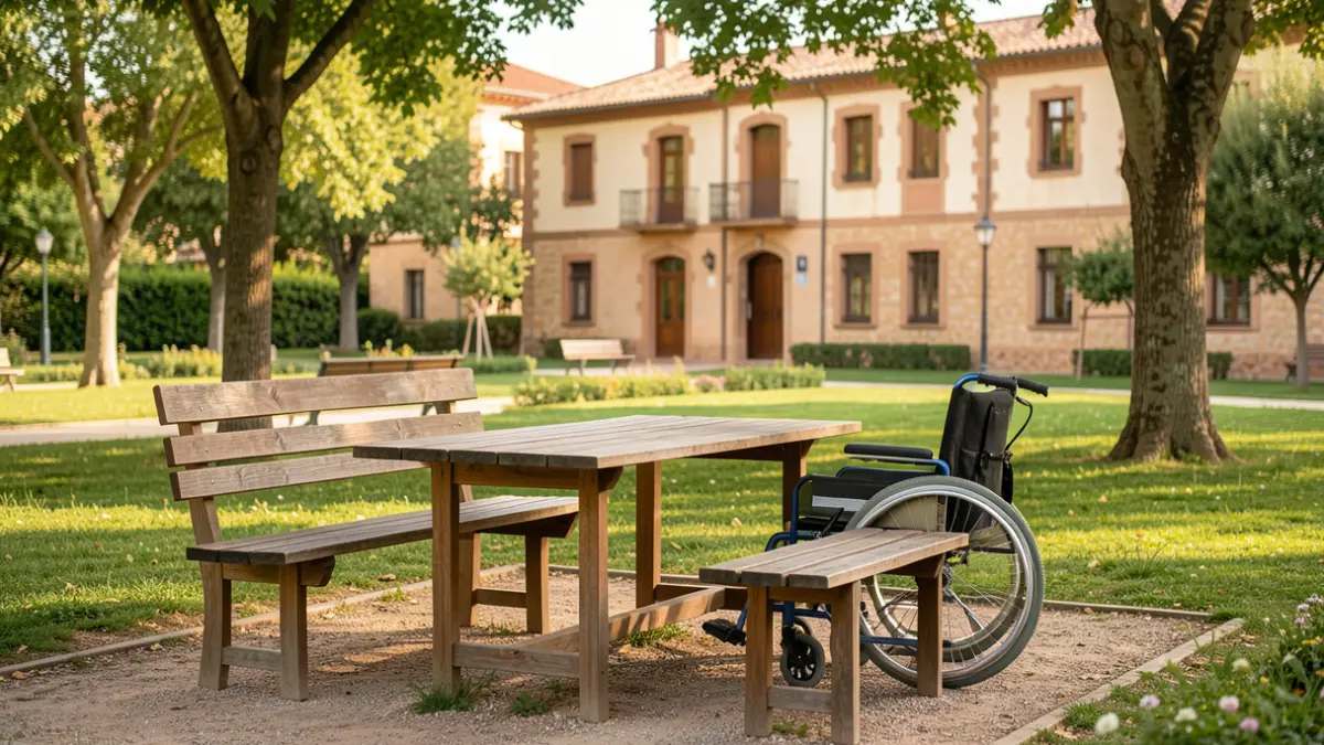 New seating area with accessible tables and benches in a green space in front of a school.