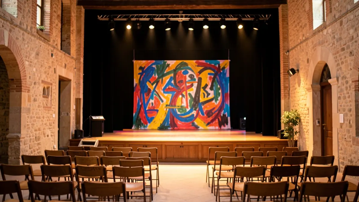 Empty stage of a Mediterranean cultural center illuminated by warm spotlights.