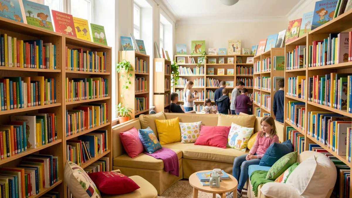 Interior de una biblioteca infantil con estanterías llenas de libros y un rincón de lectura acogedor.
