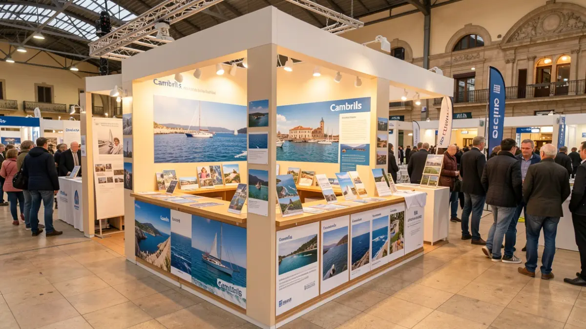 Imatge genèrica d'un estand promocional en una fira nàutica, amb elements mariners i turístics.