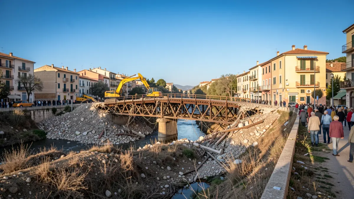 Imatge genèrica de la demolició d'un pont ferroviari antic sobre una riera seca en un entorn mediterrani.
