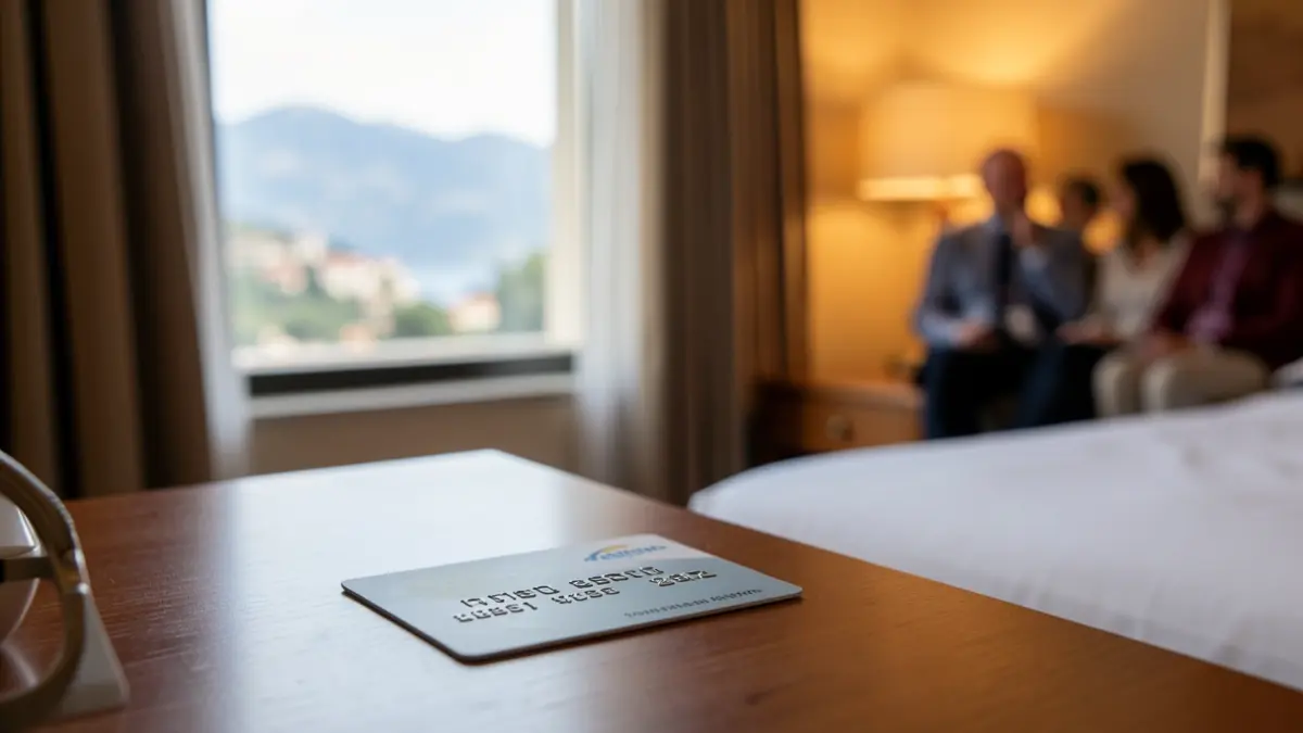 Generic image of a hotel key card on a bedside table, with a blurred Mediterranean landscape visible through a window.
