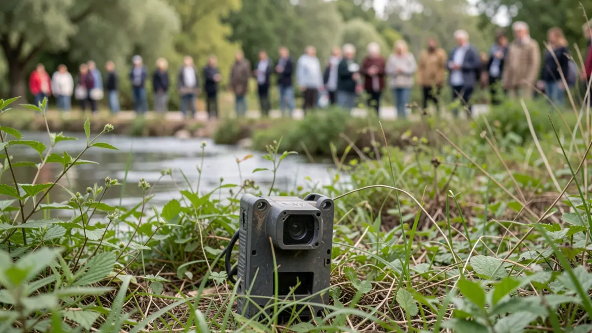 Generic image of a camera trap hidden amongst riverbank vegetation.