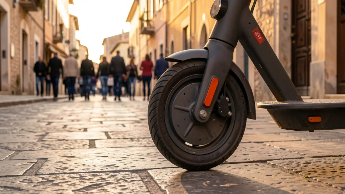 Roda d'un patinet elèctric aparcat en un carrer empedrat de Santa Perpètua de Mogoda al vespre.