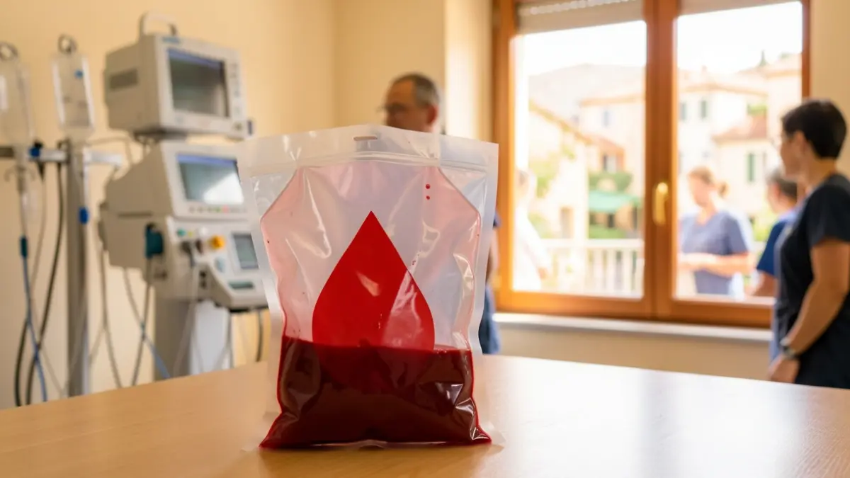 Bossa de donació de sang amb un gotim vermell sobre una taula en una sala lluminosa.