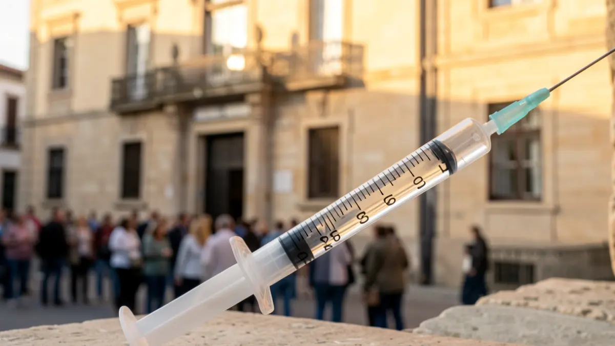 Xeringa mèdica davant la façana d'un ajuntament català.