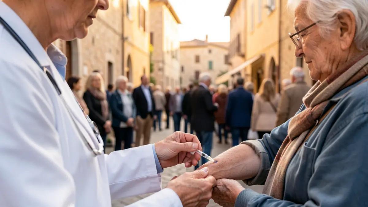 Imatge genèrica d'un professional sanitari administrant una vacuna a un braç de persona gran, il·luminació càlida, profunditat de camp reduïda, arquitectura mediterrània al fons difuminat.