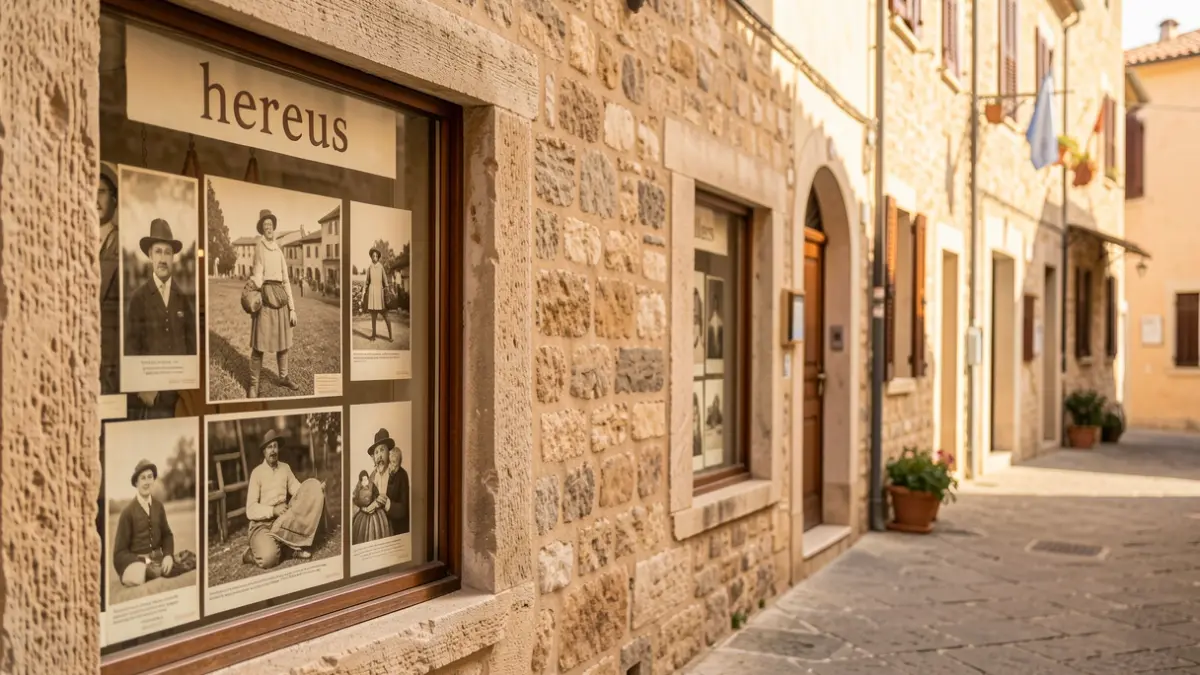 Historic photographs of the 'pubillatge' tradition displayed in the shop windows of Campdevànol businesses.