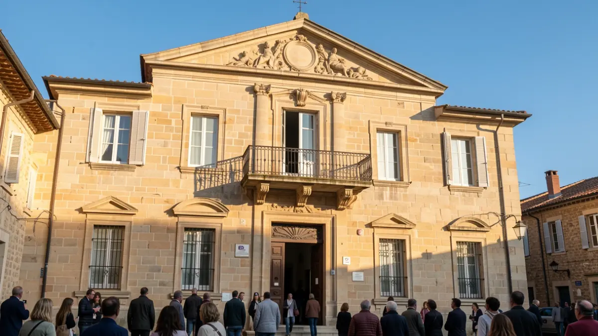 Facade of the Campllong town hall with a balcony and blue sky.
