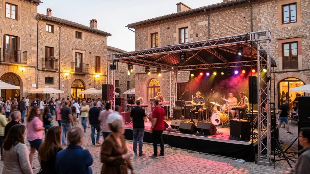 Generic image of an outdoor music festival stage in a Catalan town square, with warm evening light.