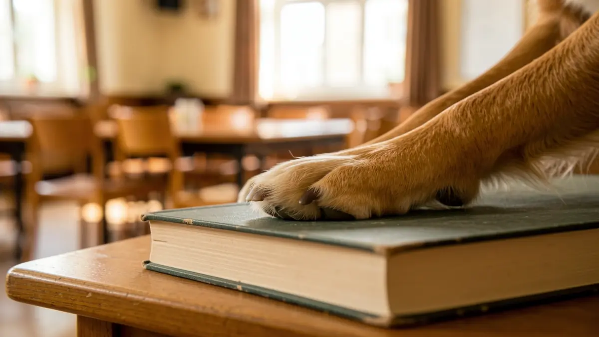 Generic image of a dog's paw on a book, with a blurred background of a lecture hall.