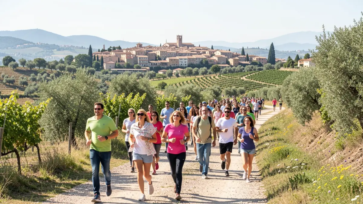 Imatge genèrica de persones caminant i corrent per un camí en un entorn rural català.