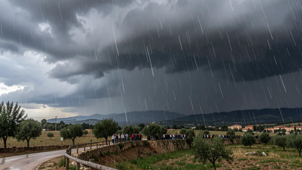 Cielo tormentoso con lluvia intensa sobre un paisaje rural catalán.