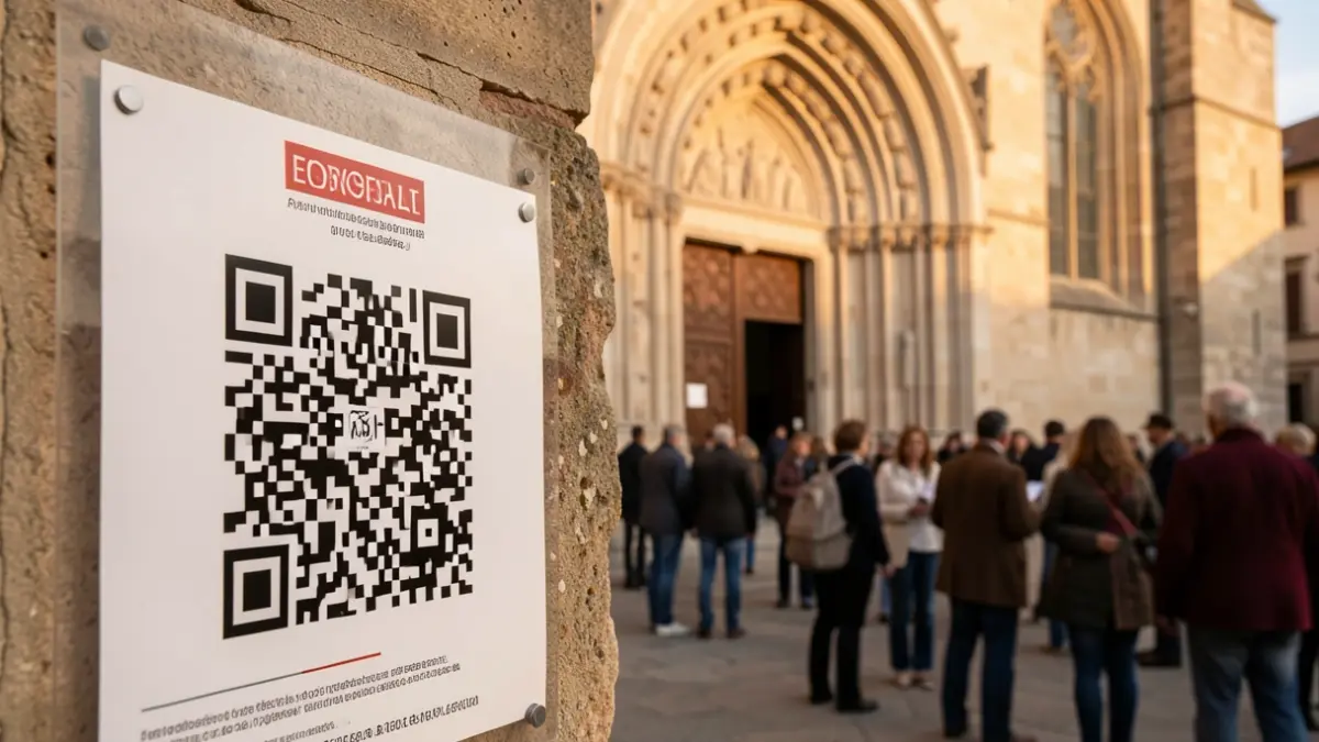 Imatge genèrica d'un codi QR en un panell informatiu davant d'una església romànica.