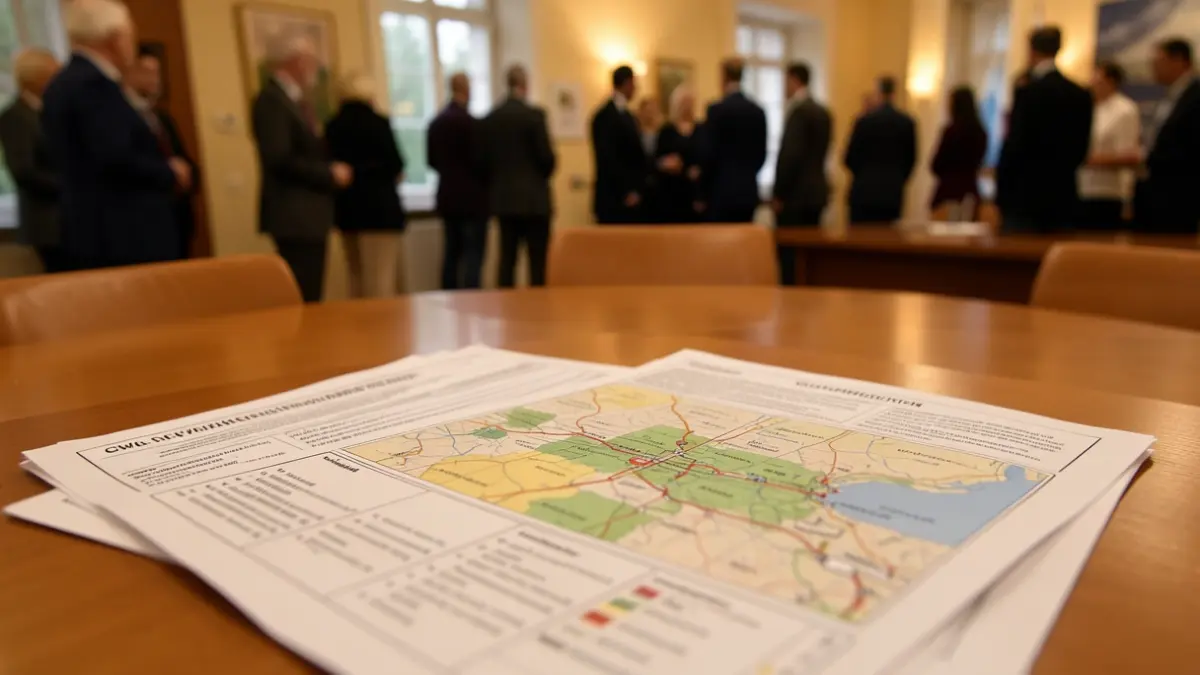 Generic image of a civil protection plan with maps and emergency procedures on a table.