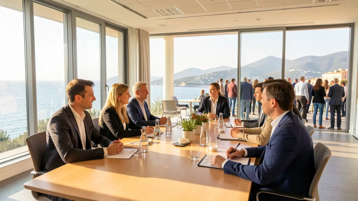 Generic image of a meeting room with a table and people discussing.