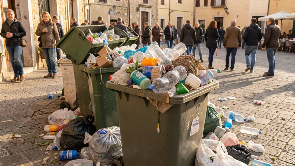 Imatge genèrica de contenidors de brossa desbordats amb residus barrejats i materials reciclables escampats pel terra.