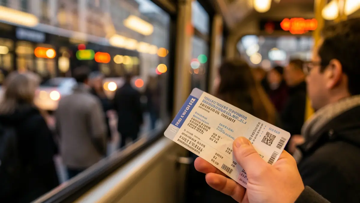 Imagen genérica de una mano de estudiante sosteniendo un billete de transporte público, con luces de ciudad difuminadas al fondo.