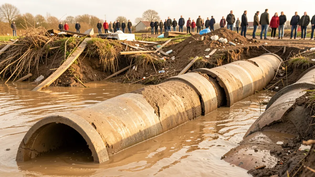 Generic image of damaged and muddy sewage pipes, with signs of repair work.